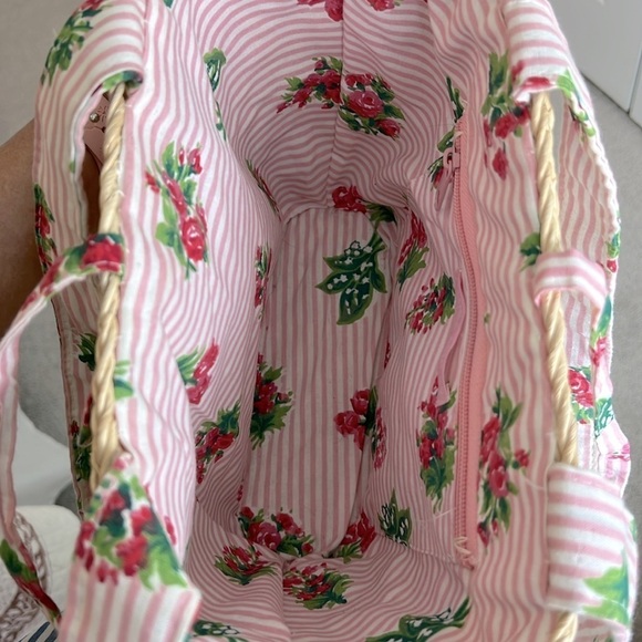 Laura Ashley Vintage Straw Tote Shoulder Bag Pink White Floral Stripe Bow Detail - Picture 11 of 17